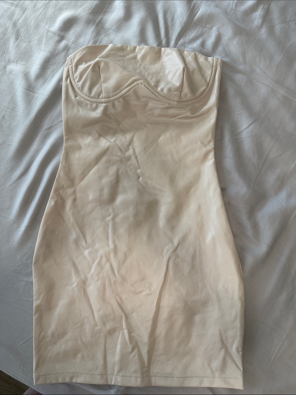 Simons Cream Strapless Faux Leather Bodycon Mini Dress